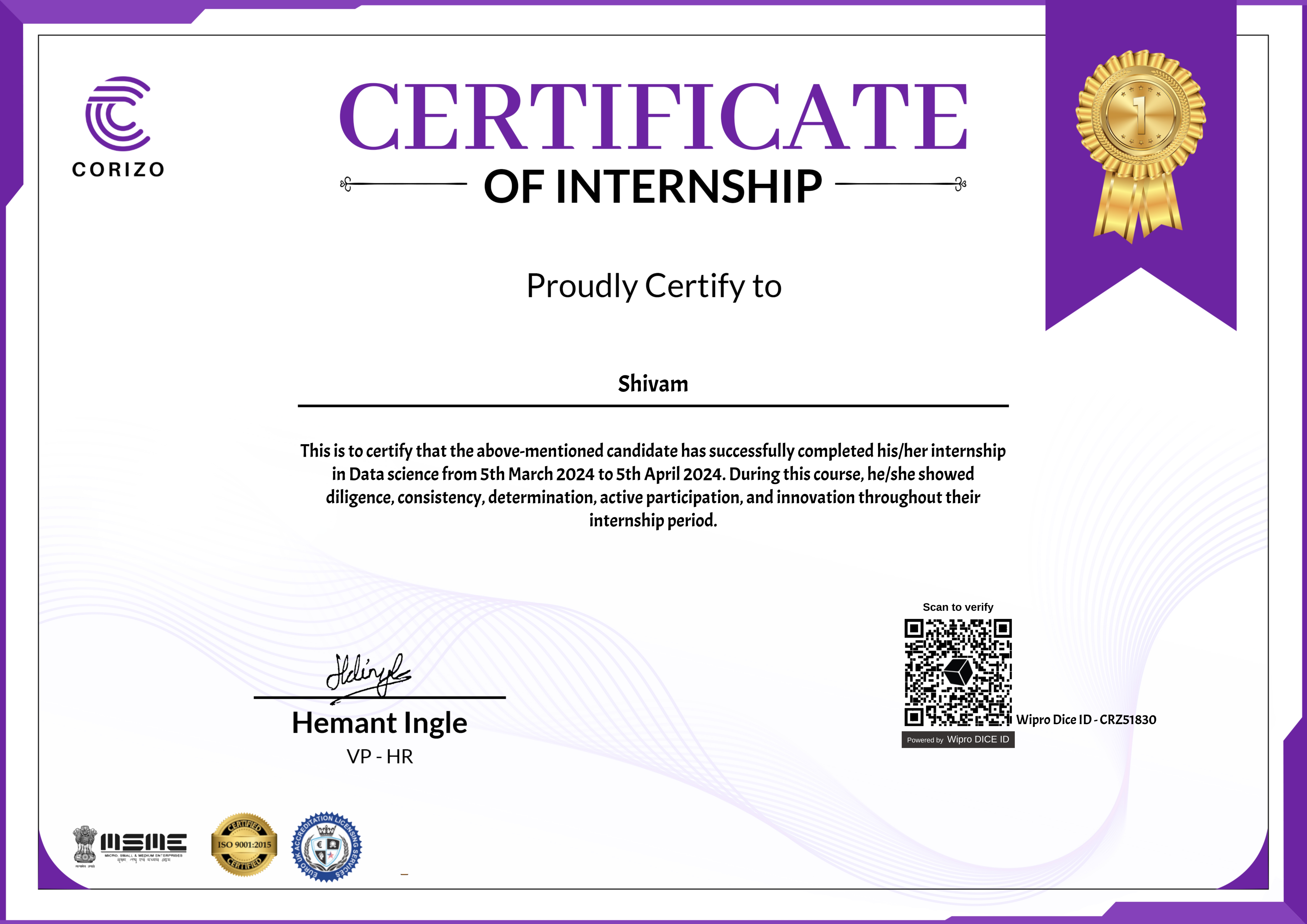 Corizo ML & Data Analytics certificate