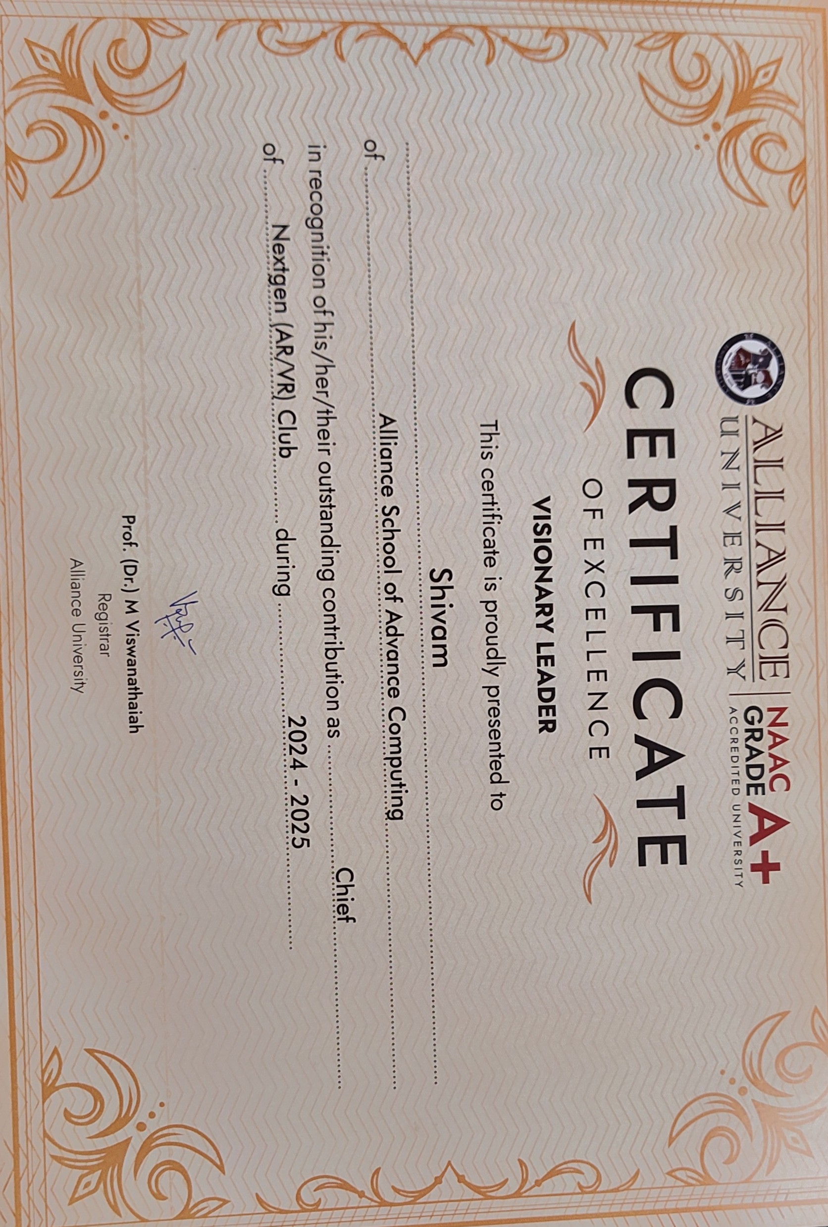 Visionary Leader certificate